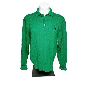 Polo Ralph Lauren vintage Kelly green cable knit 1/4 button collared sweater siz
